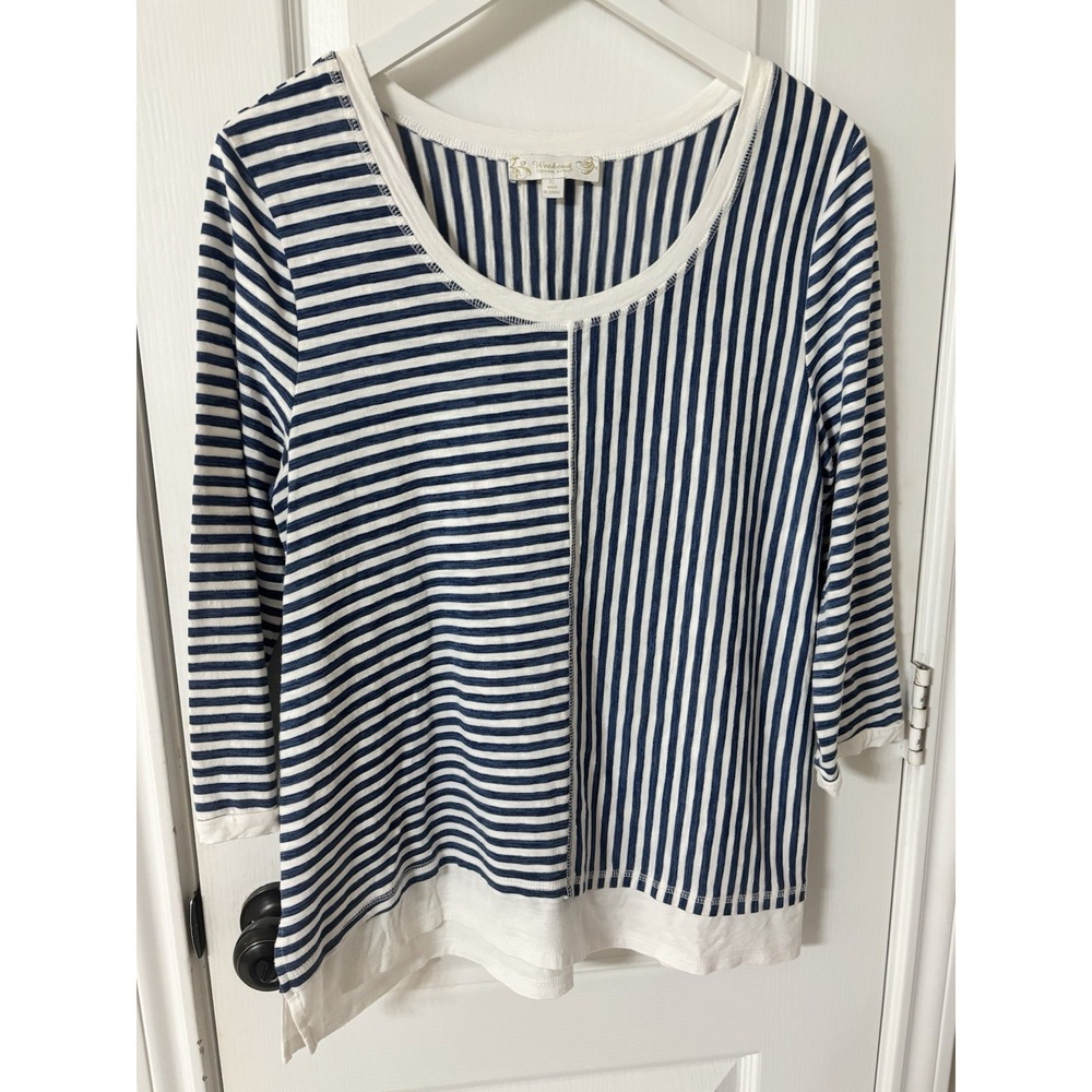 Weekend Suzanne Betro Mixed Stripe Tunic‎ Top Navy White XL Contrast Hem Knit